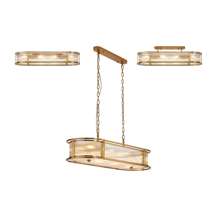 Idolite Waine 1m 8 Light Linear Oval Bar Flush Ceiling/Pendant Convertible Brass/Clear Glass