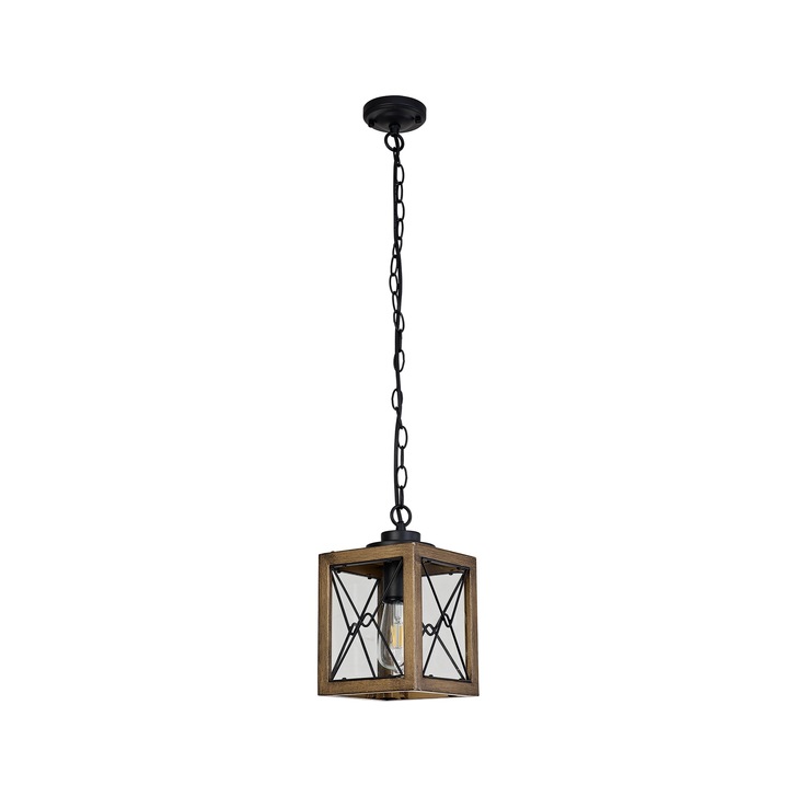 Idolite Whelan Wood Effect And Black Square Lantern Pendant Light With Clear Glasses