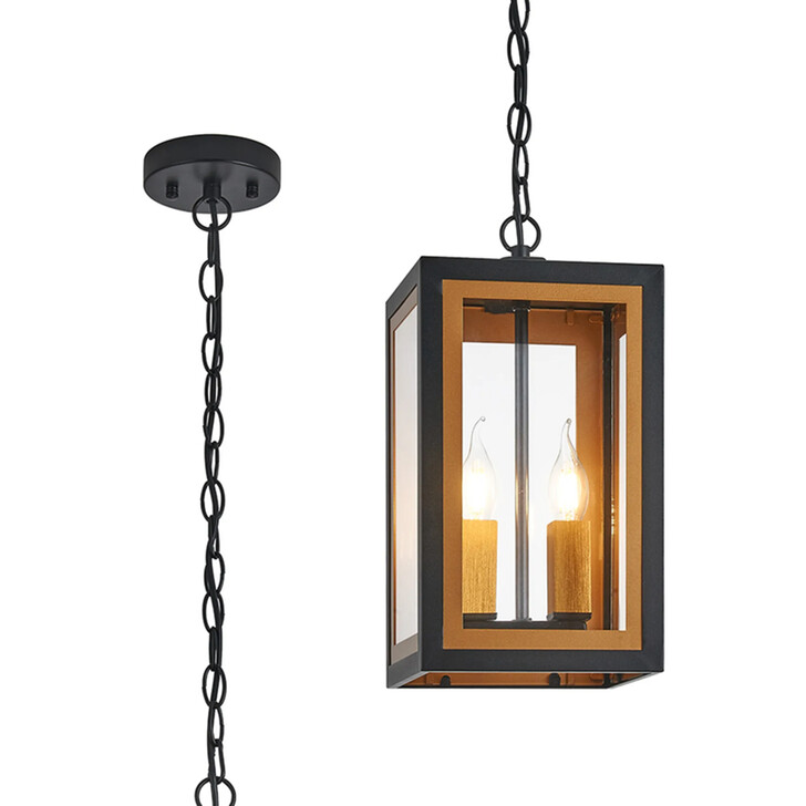 Idolite Wilmslow Satin Black And Gold 2 Light Small Rectangular Pendant Light With Clear Glass Lens - IP54