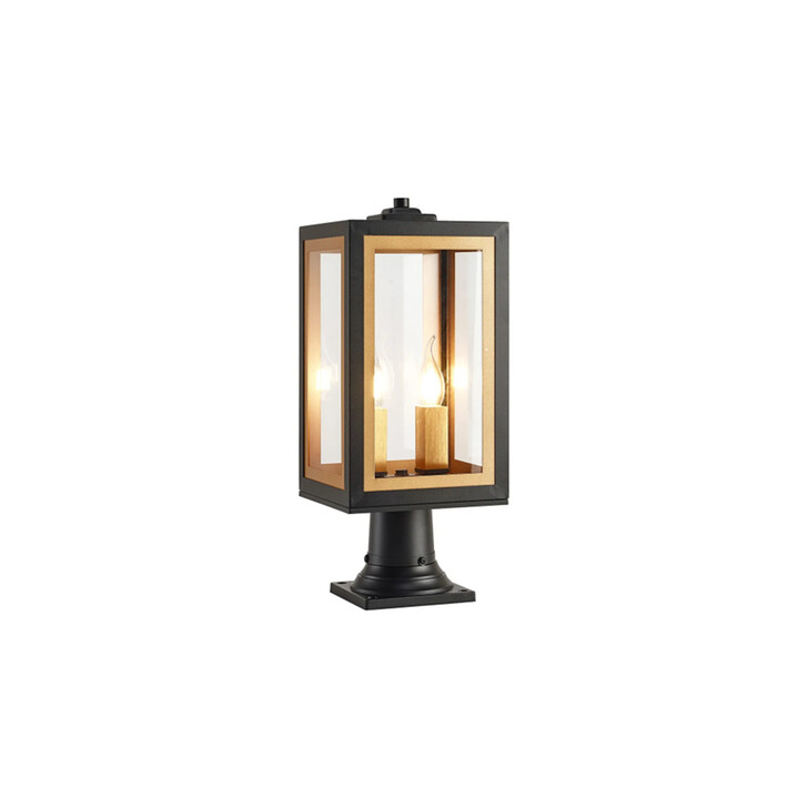 Idolite Wilmslow Satin Black And Gold 2 Light Small Rectangular Post Lamp With Clear Glass Lens - IP54