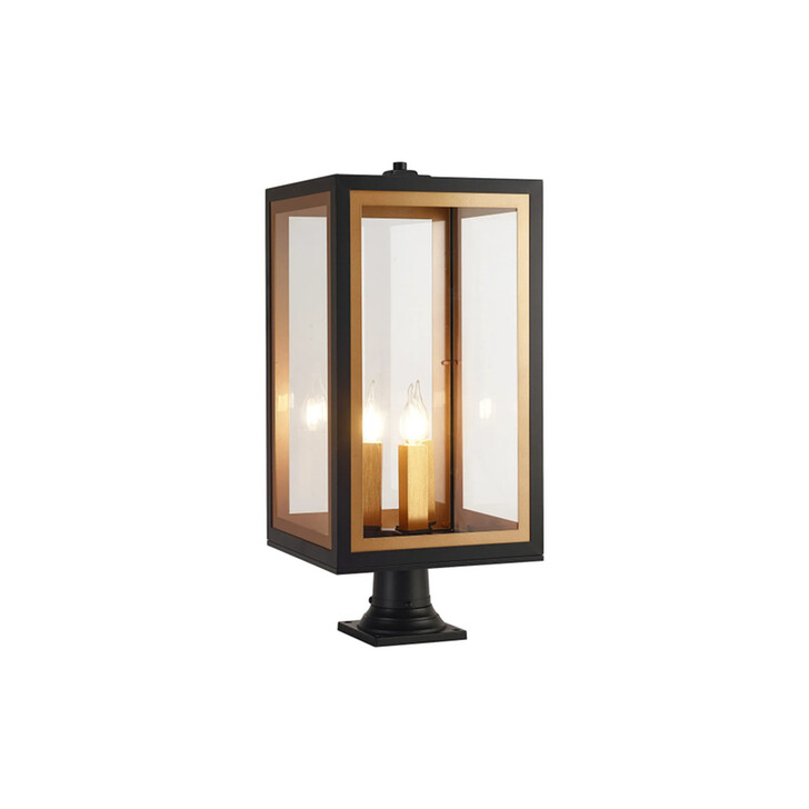 Idolite Wilmslow Satin Black And Gold 3 Light Large Rectangular Post Lamp With Clear Glass Lens - IP54