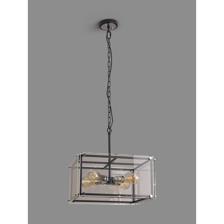 Idolite Wiredu Matt Black & Polished Chrome 4 Light Pendant With Clear Glass Panels