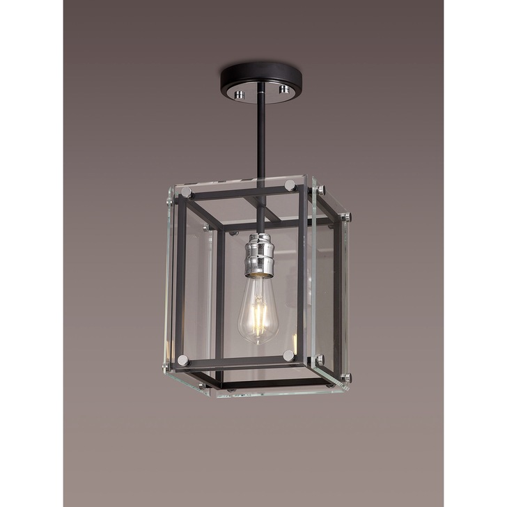 Idolite Wiredu Matt Black & Polished Chrome Single Pendant/Semi Flush Ceiling Light With Clear Glass Panels