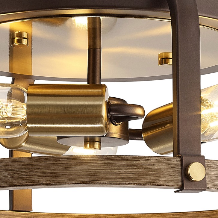 Idolite Zala Brown Oxide 3 Light Flush Ceiling Light With Antique Bronze & Wood Detailing