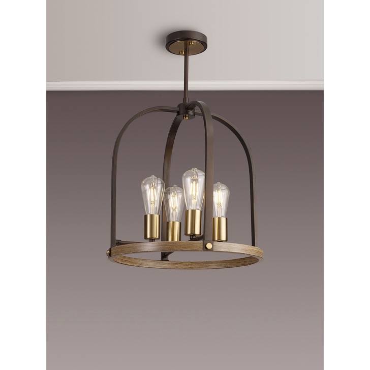 Idolite Zala Brown Oxide 4 Light Pendant/Semi Flush Ceiling Light With Antique Bronze & Wood Detailing