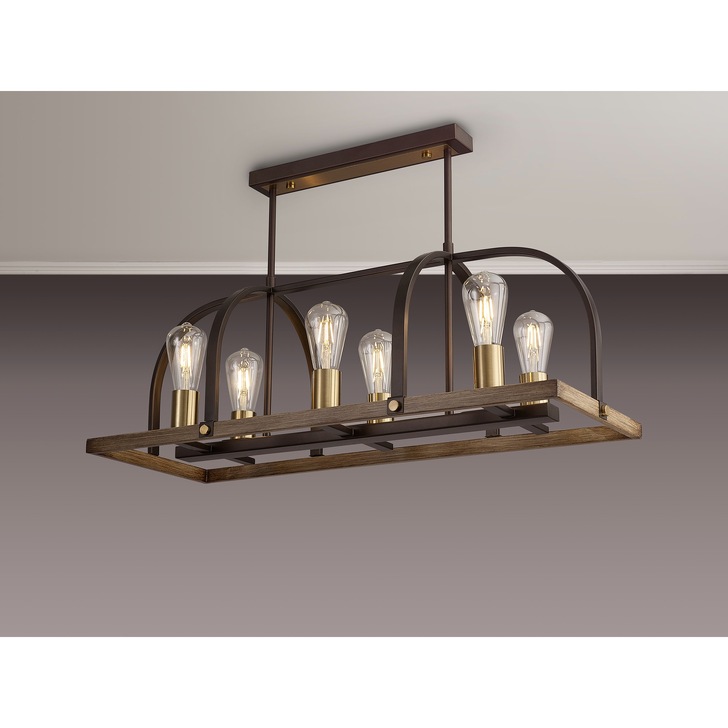 Idolite Zala Brown Oxide 6 Light Linear Bar Pendant With Antique Bronze & Wood Detailing