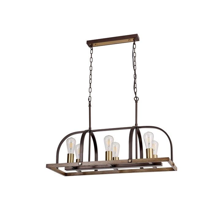 Idolite Zala Brown Oxide 6 Light Linear Bar Pendant With Antique Bronze & Wood Detailing