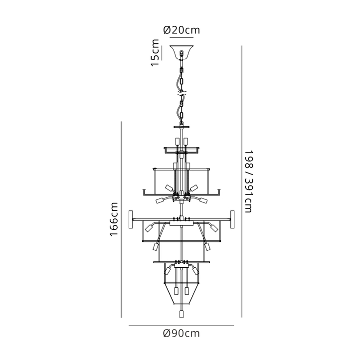 Idolote Carpathian 90cm 9 Tier Extra Large Diamond Round Glass 9 Tier Pendant Light in Brass Complete With Clear Cognac Glass
