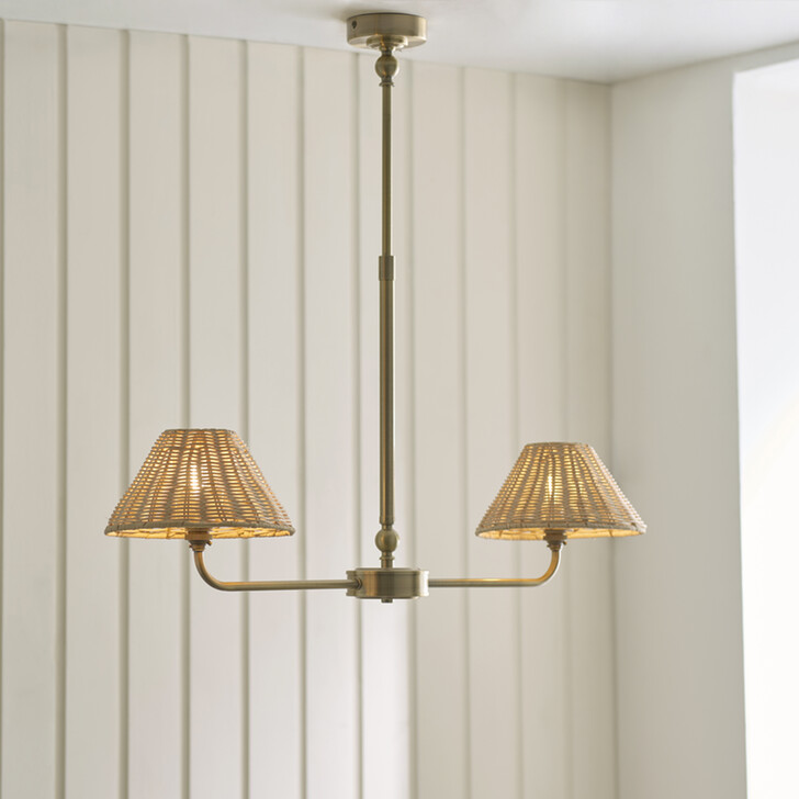Jericho 2 Light Linear Telescopic Pendant Antique Brass With Natural Rattan Shades