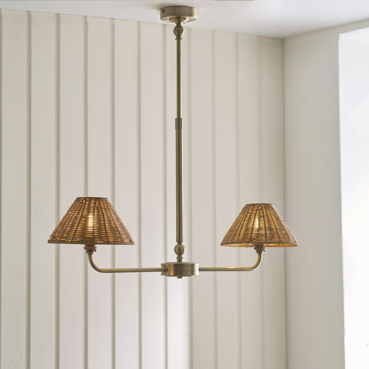 Jericho 2 Light Linear Telescopic Pendant Antique Brass With Warm Brown Rattan Shades