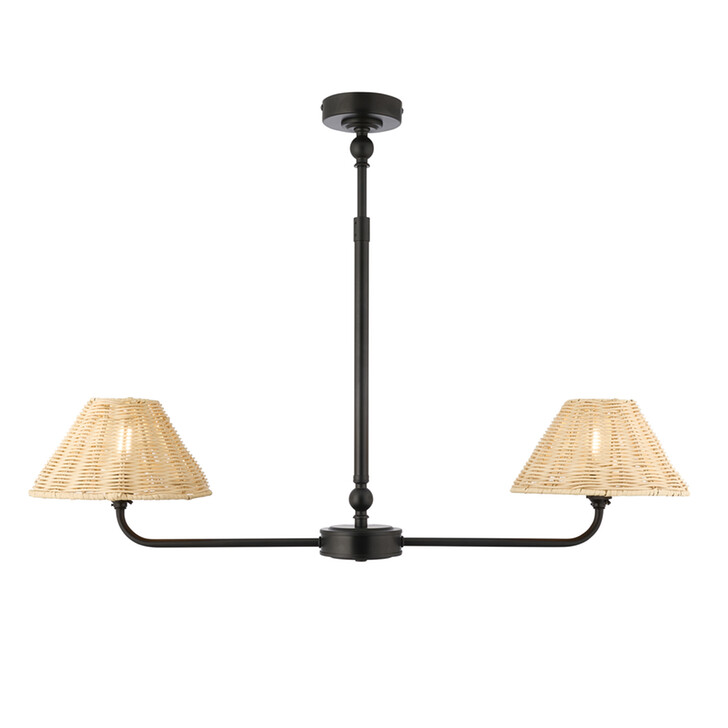 Jericho 2 Light Linear Telescopic Pendant Matt Black With Natural Rattan Shades