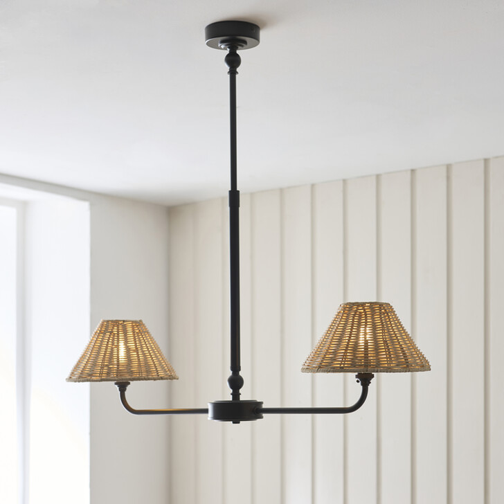 Jericho 2 Light Linear Telescopic Pendant Matt Black With Natural Rattan Shades