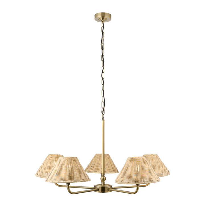 Jericho 5 Light Multi Arm Pendant Antique Brass With Natural Rattan Shades