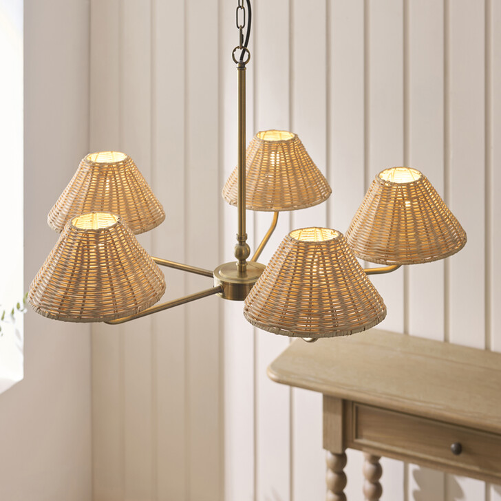 Jericho 5 Light Multi Arm Pendant Antique Brass With Natural Rattan Shades