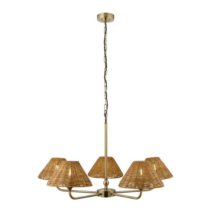 Jericho 5 Light Multi Arm Pendant Antique Brass With Warm Brown Rattan Shades