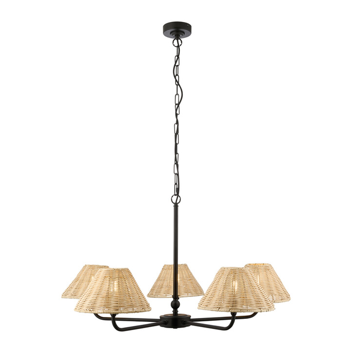 Jericho 5 Light Multi Arm Pendant Matt Black With Natural Rattan Shades