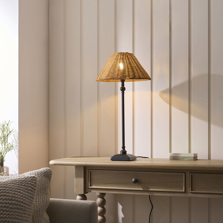 Jericho Table Lamp Matt Black With Warm Brown Rattan Shade
