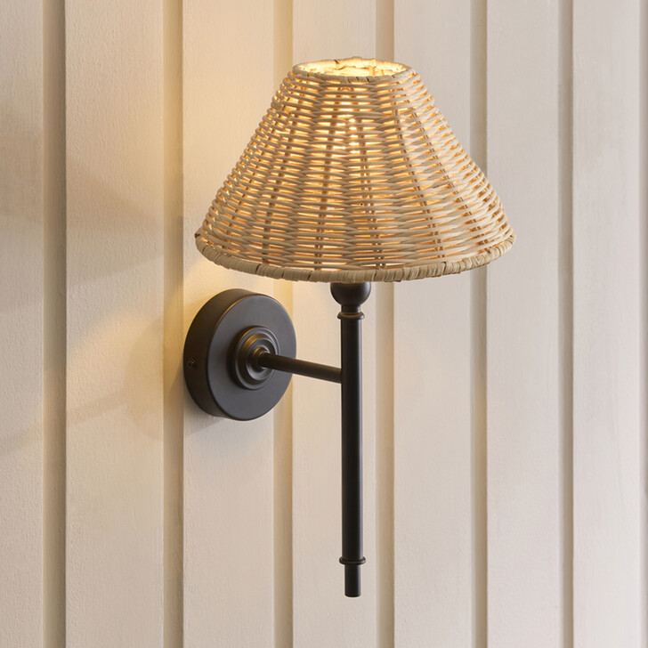 Jericho Wall Light Matt Black With Natural Rattan Shade