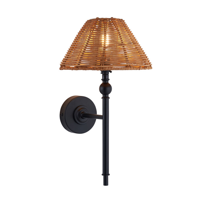 Jericho Wall Light Matt Black With Warm Brown Rattan Shade