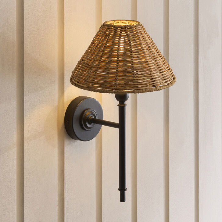 Jericho Wall Light Matt Black With Warm Brown Rattan Shade