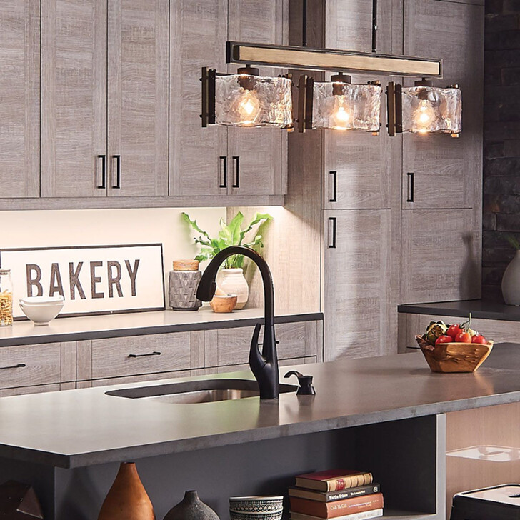 Kichler Aberdeen Distressed Grey Wood 3 Light Linear Island Pendant Complete With Clear Water Glass