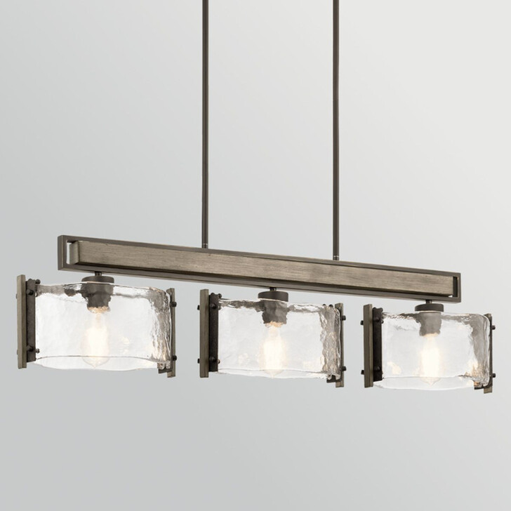 Kichler Aberdeen Distressed Grey Wood 3 Light Linear Island Pendant Complete With Clear Water Glass