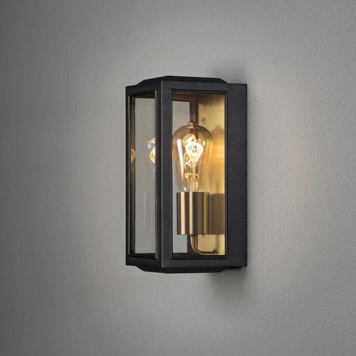 Konstsmide Carpi 7348 Matt Black & Brass Exterior Wall Light With Clear Glass Panels