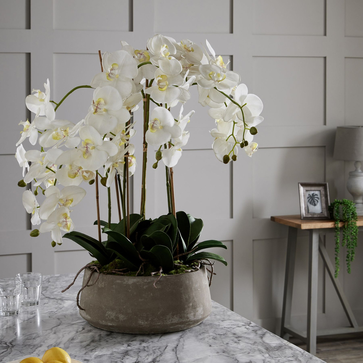 Large Artificial White Orchid Plant With Stone Pot