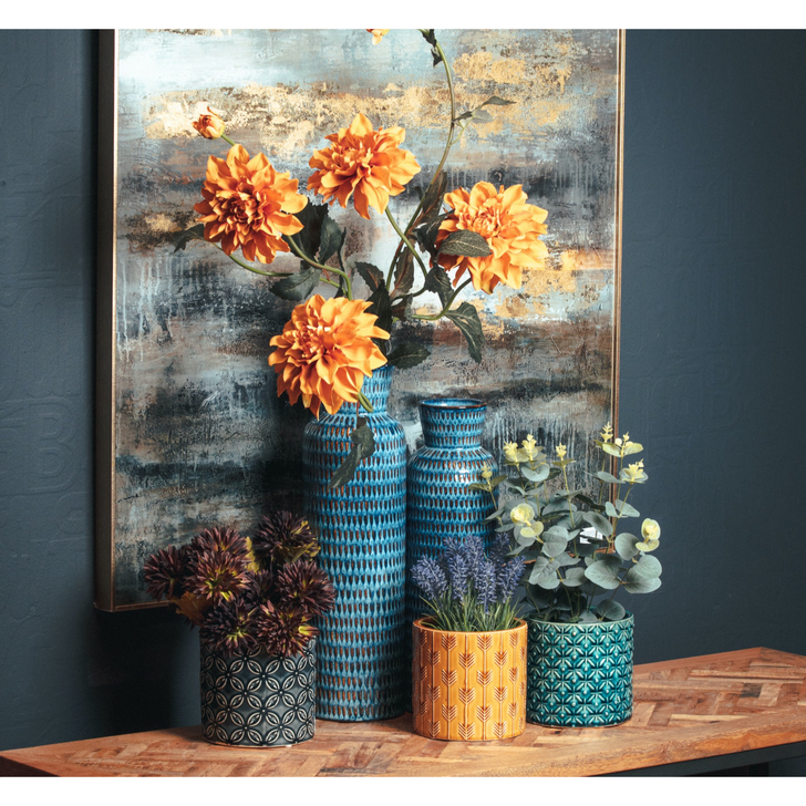 Large Ceramic Flute Vase With Textured Blue Glaze