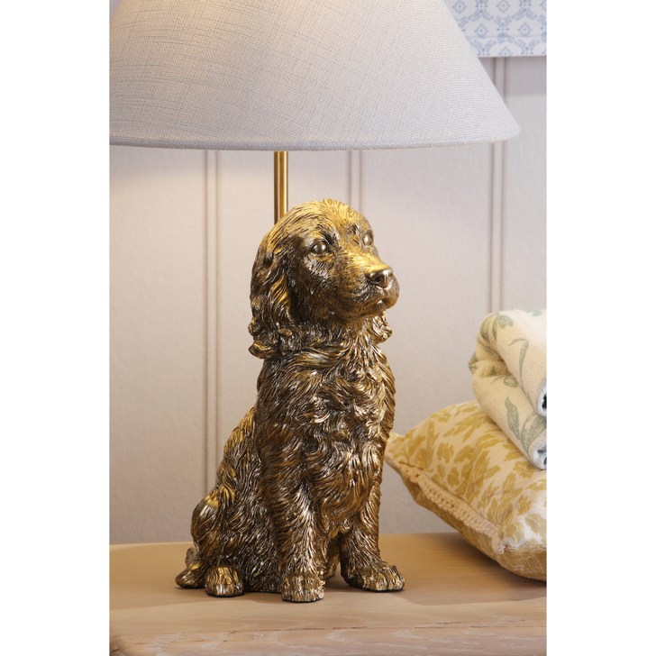 Laura Ashley Antique Gold Cocker Spaniel Table Lamp Complete With Ivory Linen Tapered Drum Shade