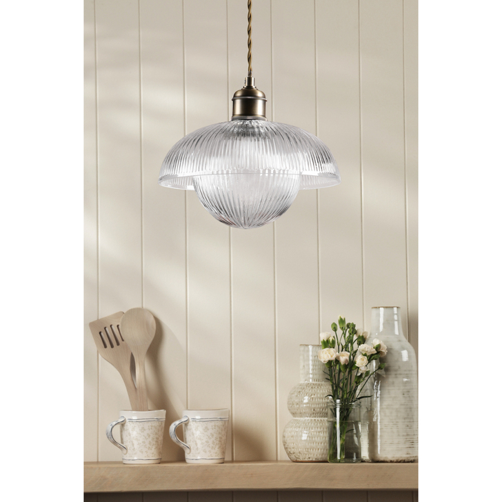 Laura Ashley Billham Matt Antique Brass Single Pendant Light Complete With Clear Ribbed Glass