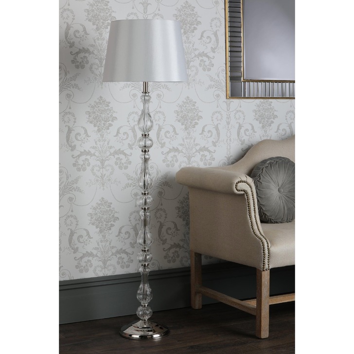 Laura Ashley Bradshaw Polished Nickel Floor Lamp With Ribbed Glass And Grey Shade - LA3756203-Q