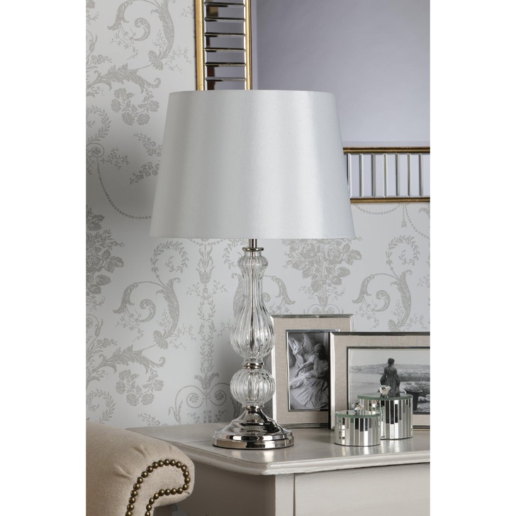 Laura Ashley Bradshaw Polished Nickel Table Lamp With Ribbed Glass And Grey Shade - LA3756202-Q