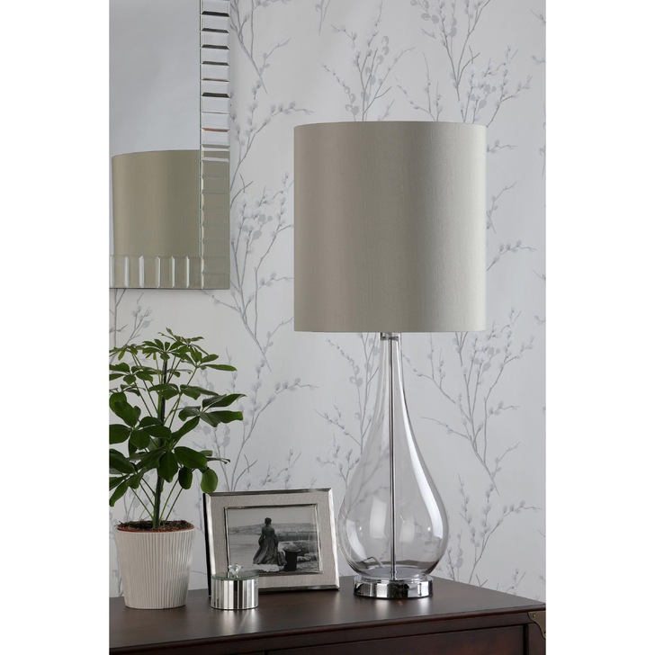 Laura Ashley Bronant Smoked Glass Table Lamp With Polished Chrome Detaling And Tall Silk Shade With Silver Mettallic Inner - LA3756223-Q