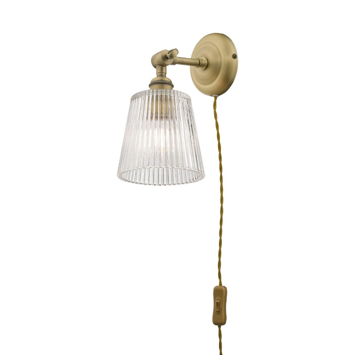 Laura Ashley Callaghan Antique Brass Plugged Wall Light Complete With Ribbed Glass Shade