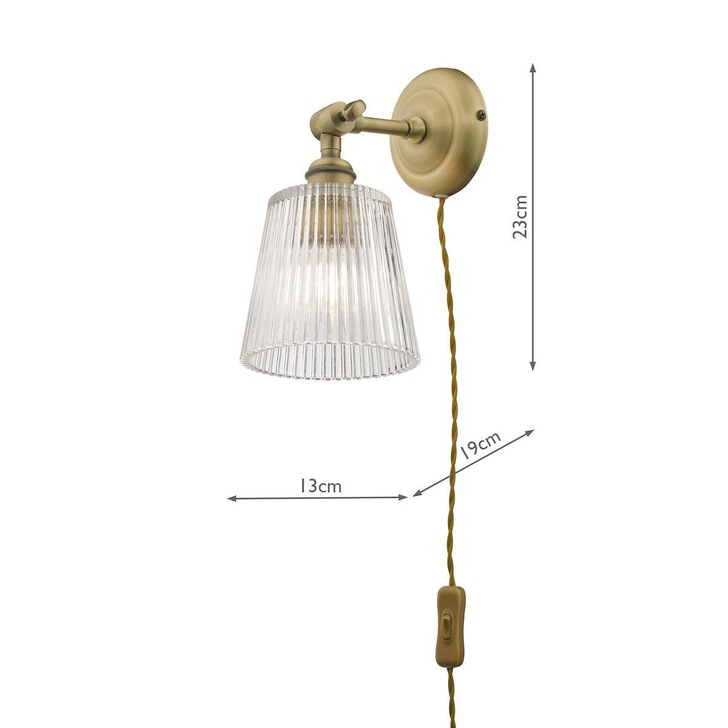 Laura Ashley Callaghan Antique Brass Plugged Wall Light Complete With Ribbed Glass Shade