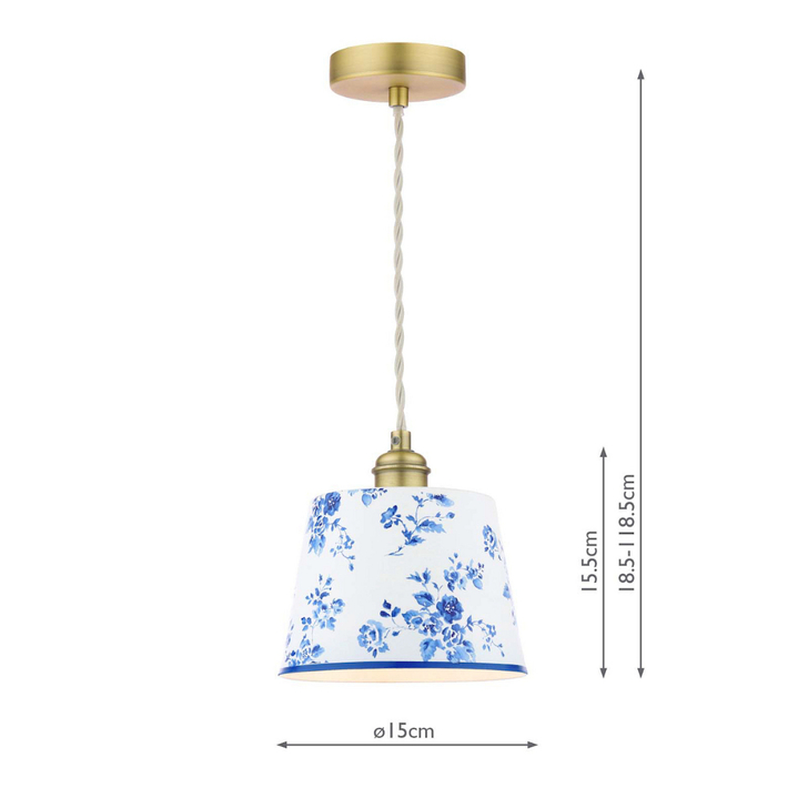 Laura Ashley China Matt Antique Brass Pendant Light, Complete With Blue/White Metal Shade