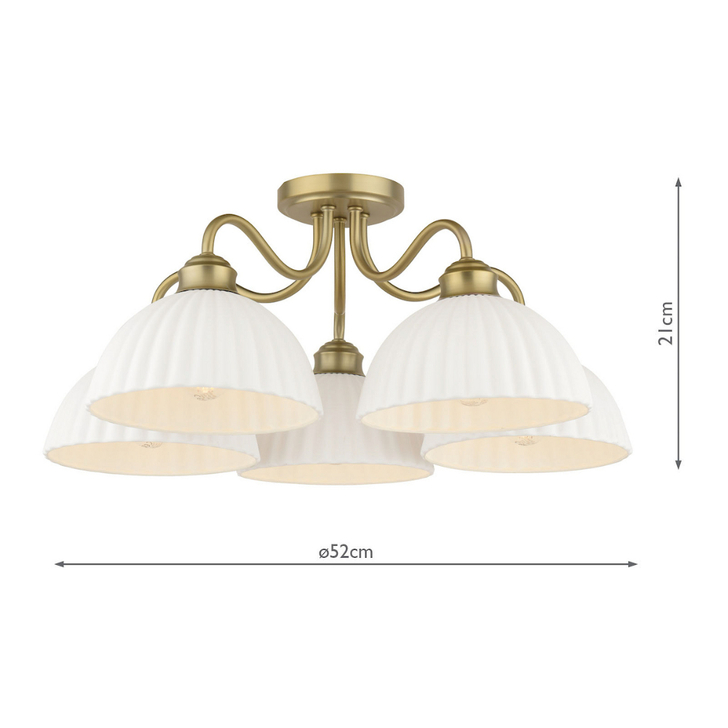 Laura Ashley Durford 5 Light Semi-Flush Ceiling Light Complete With White Ceramic Ribbed Glass Shades