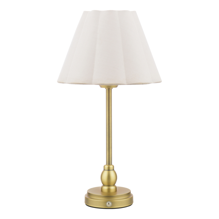 Laura Ashley Erin Matt Antique Brass Wireless USB Rechargeable Table Lamp With Taupe Cotton Scalloped Shade - Touch Dimmable 3000K Warm White LED