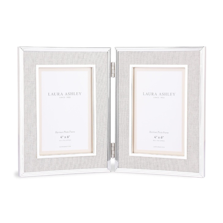 Laura Ashley Harrison Double Photo Frame Natural Linen With Polished Silver Detail - 2x 4x6