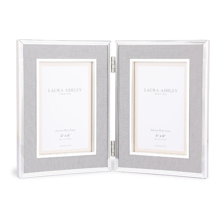 Laura Ashley Harrison Double Photo Frame Pale Charcoal Linen With Polished Silver Detail - 2x 4x6