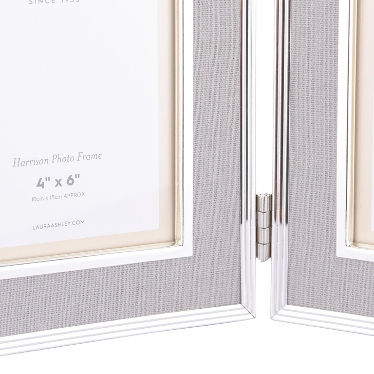 Laura Ashley Harrison Double Photo Frame Pale Charcoal Linen With Polished Silver Detail - 2x 4x6