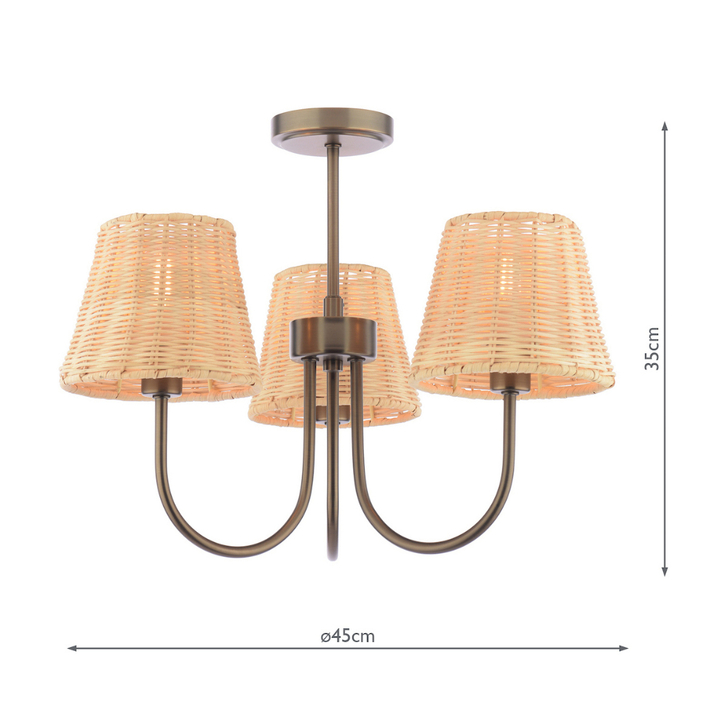 Laura Ashley Hasfield 3 Light Semi-Flush Satin Bronze Ceiling Light Complete With Natural Rattan Shades