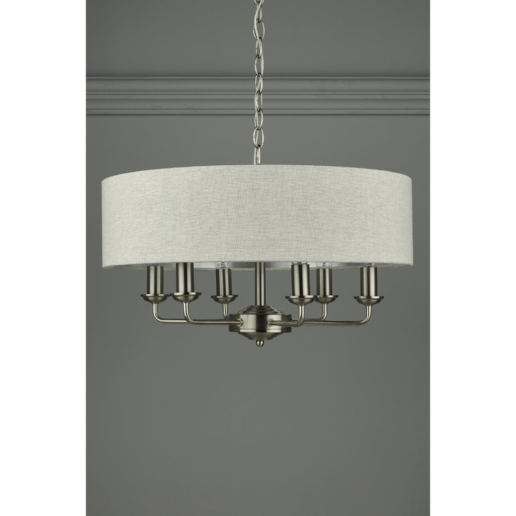 Laura Ashley LA3518806-Q Sorrento Satin Nickel 6 Light Pendant Light Complete With Natural Linen Shade