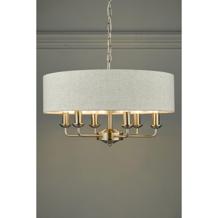 Laura Ashley LA3518806-Q Sorrento Satin Nickel 6 Light Pendant Light Complete With Natural Linen Shade