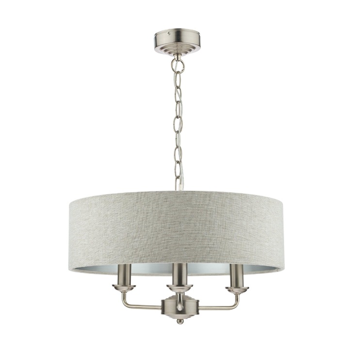 Laura Ashley LA3567326-Q Sorrento Satin Nickel 3 Light Pendant Light Complete With Natural Linen Shade