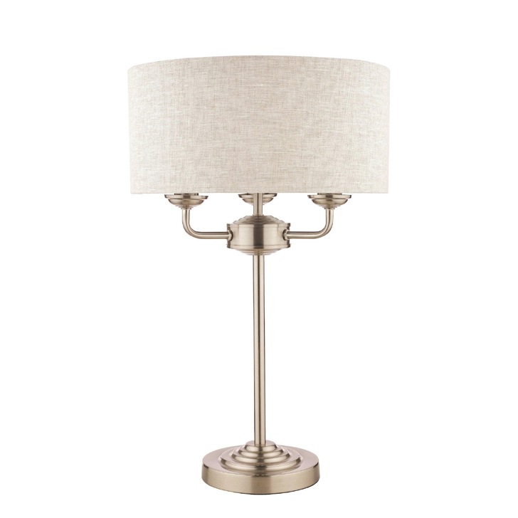 Laura Ashley LA3636753-Q Sorrento Satin Nickel 3 Light Table Lamp Complete With Natural Linen Shade And Switch