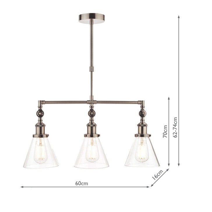 Laura Ashley LA3650343-Q Isaac Industrial Nickel 3 Light Bar Pendant With Clear Glass Shades