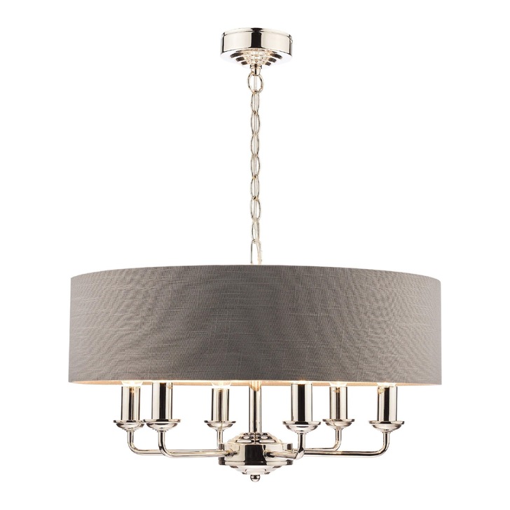 Laura Ashley LA3668938-Q Sorrento Polished Nickel 6 Light Pendant Light Complete With Grey Linen Shade