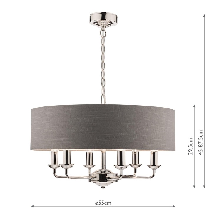 Laura Ashley LA3668938-Q Sorrento Polished Nickel 6 Light Pendant Light Complete With Grey Linen Shade